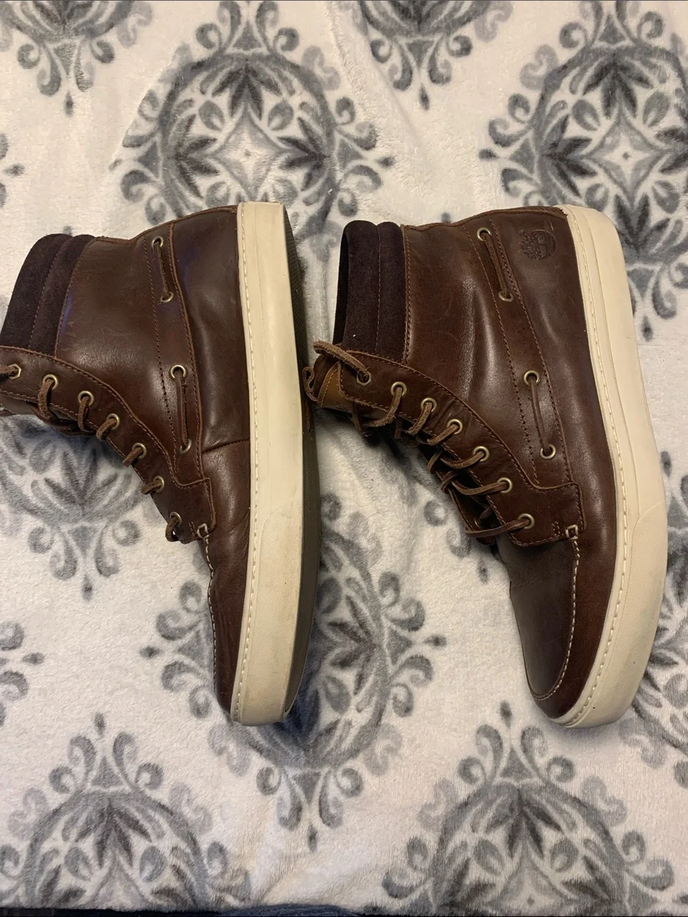 Timberland Men's Dark Brown Leather Moc Toe Boots with White Sole